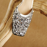 Advbridge Fashion Sequin Bling Bling Ankle Strap Women Slingback Glitter Sandals Square Toe Block High Heels Ladie Party Wedding Shoes 48
