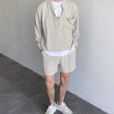 Advbridge Korean Fashion Summer Clothes Men 2 Piece Set Solid Hip Hop V-neck Tops Shorts Streetwear Short Pants Outfits Casual Outer Sets