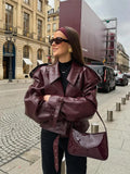 Advbridge Women Fashion Solid Lapel Pu Leather Belt Crop Coat Elegant Long Sleeved Zipper Pocket Jacket 2024 New Lady High Streetwears