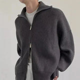 Advbridge Men's Light Luxury Knit Double Zipper Cardigan Sweater Turtulneck Solid Color Long Sleeve Streetwear Loose Knitwear Retro Coat