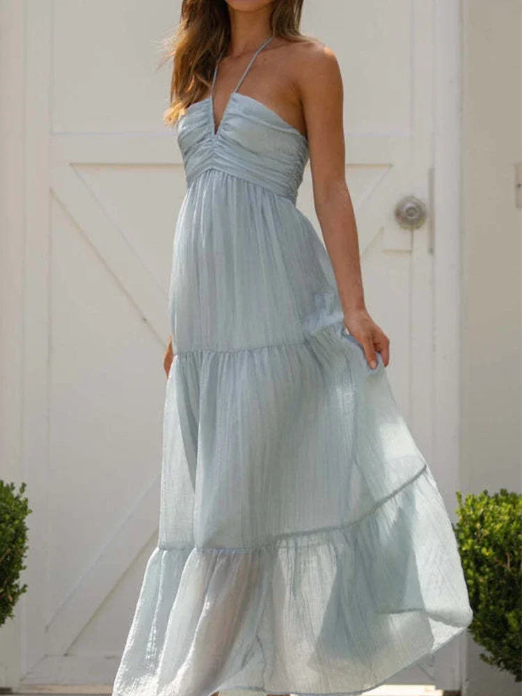 Advbridge Backless Sexy Summer Dress for Women Off Shoulder Halter Long Dress Green V Neck Holiday Beach Sundress Party Boho Dress