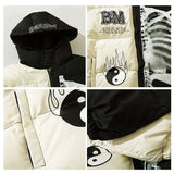 Advbridge Mens Winter Hooded Parka Jacket Yin Yang Skeleton Print Streetwear Oversized Coat Harajuku Loose Thick Warm Outwear Unisex