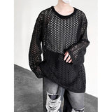 Advbridge Mens White/Black Hollow Tops Mesh Round Neck Loose Casual Long Sleeve T-shirt Men Hip Hop See-through Pullover Party TShirt