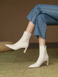 Advbridge Women's genuine leather 7cm thin high heel pointed toe side zip autumn ankle boots elegant ladies slim short boots shoes women