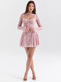 Advbridge Lace Flare Long Sleeve Sexy Mini Dress For Women Robe Autumn New Pink O Neck A-line High Waist Pleated Dress Elegant