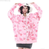 Advbridge American Trendy Hello Kitty Camo Star Print Hooded Embroidered Hoodie for Women Loose Fitting Casual Zippered Coat Clothes