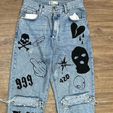 Advbridge Streetwear Jeans Y2K Hip Hop Punk Rock Graphic Print Retro Blue Baggy Jeans Mens Womens New High Waisted Wide Leg Trousers