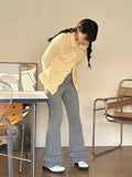 Advbridge Korean Casual Women Knitted Ruffles Flare Pants Vintage Simple Fashion All Match Wide Leg Trousers Y2k Grunge Mujer Pantalones