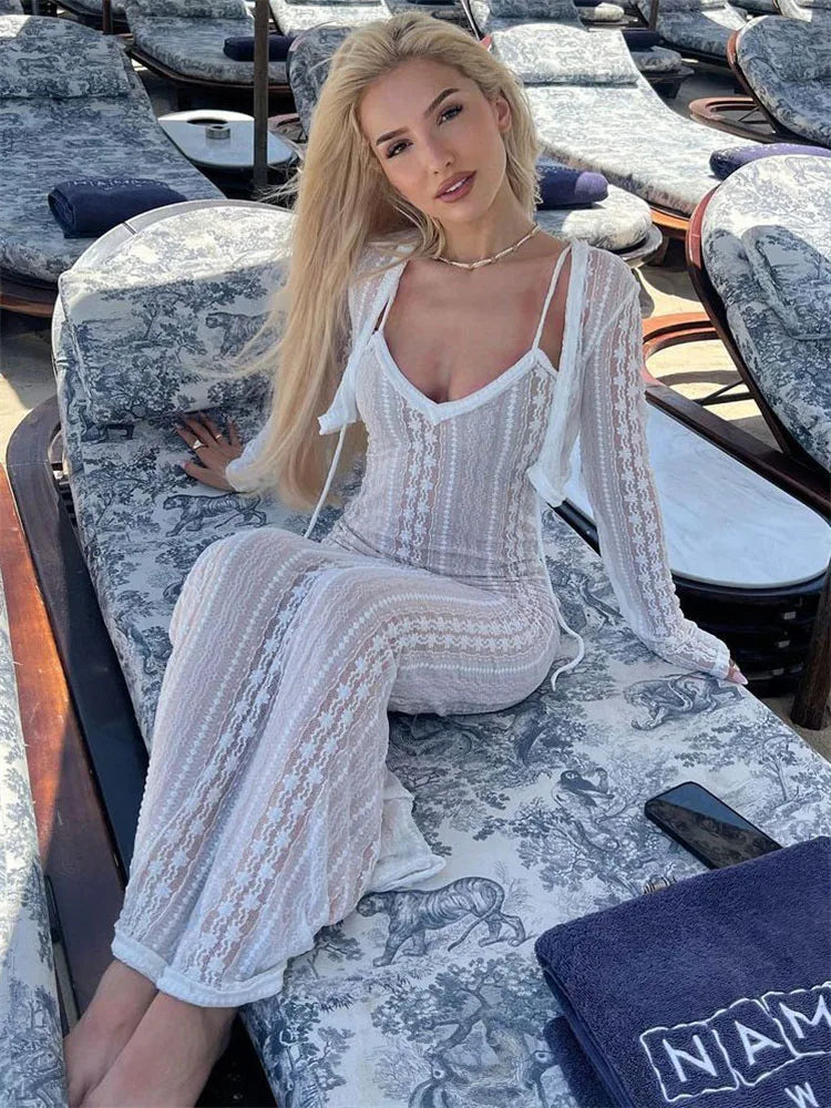 Advbridge -  Lace Dress Sets Women Bodycon Long Sleeve Cover-up Ladies Split V Neck Slim High Waist Dresses For Woman Summer Casual