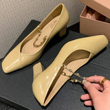 ADVBRIDGE  -  Spring new women's genuine leather crystal chain decoration slip-on Mary Jane pumps 7cm thick high heel elegant ladies shoe