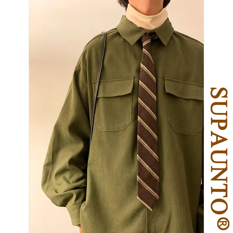 ADVBRIDGE  -  Spring Long Sleeved Shirt Men Fashion Retro Pocket Shirt Men Japanese Streetwear Loose Casual Shirt Mens Vintage Shirts M-3XL