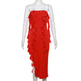 ADVBRIDGE  -  Personalized Women's Clothing Red Strapless Ruffles Tassel Pleated Sleeveless Backless High Split Stretchy Dresses Clubwear