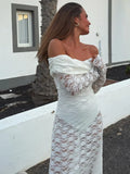 ADVBRIDGE  -  Sexy Hollow Out See Through Long Dress Chic White Lace Long Sleeve Off Shoulder Robes New Female Summer Party Club Gowns 2025