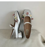 Advbridge Medium Heeled Mary Jane Single Shoes 2024 New Women Shoes Fashion Elegant Flower Bow Pumps Square Toe Thick Heeled Ballet Shoes