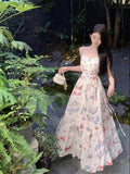 Advbridge -  Korean Sweet Hot Girl Butterfly Print Dress Women's Spring/Summer Lace-up Slim A-line Strap Long Dress Fashion Female Clothes