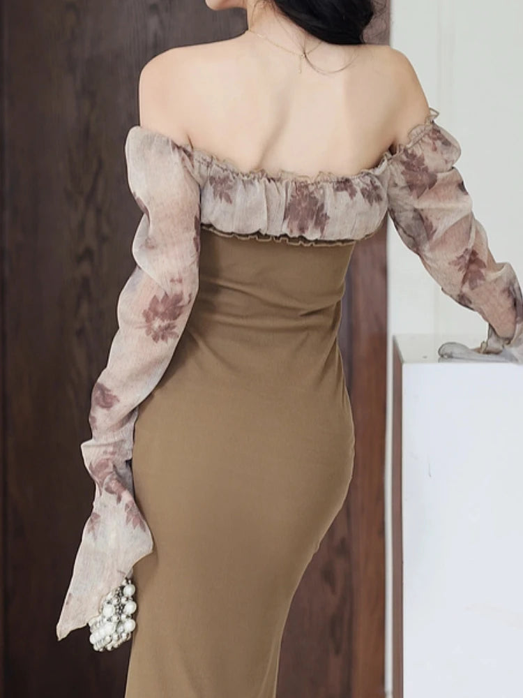 Advbridge Elegant and Chic Women Bodycon Slim Midi Dress Spring Floral Print Fishtail Party Prom Vestidos Female Sexy Robe Clothes