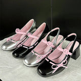 ADVBRIDGE  -  Sweet Bow Belt Buckle Women Sandals Fashion Round Toe Square Heel Mary Jane Shoes Simple Comfort Patent Leather Women Slide Shoe