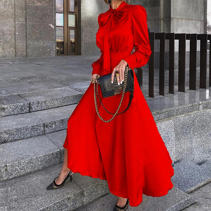 Advbridge Elegant Bow Collar Big Hem Satin Dresses Luxury Women Bright Color High Waist Party Dress Fall Long Sleeve Loose Maxi Dress