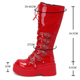 Advbridge Women‘s Thick Bottom Motorcycle Boots Women Punk Knee High Boots Autumn Winter Patent Woman Lace-up Casual Boots Red Size 34-44