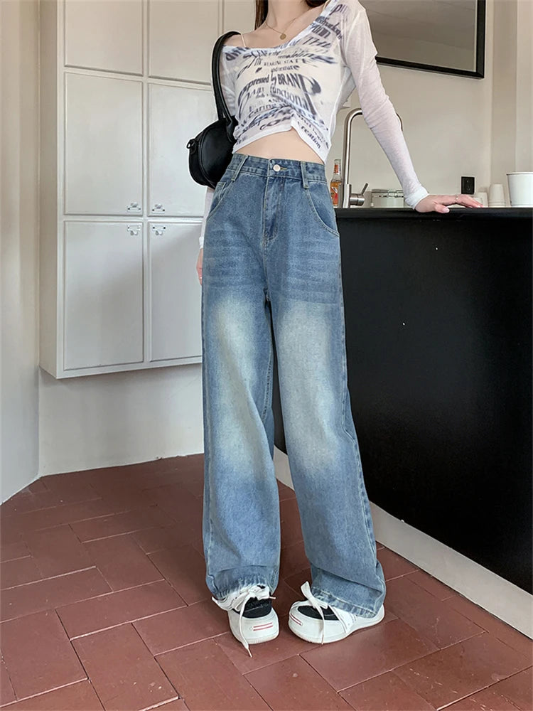 Advbridge  Women's Simple Vintage Design Straight Blue Jeans Street Style Casual Pants Female High Waist Wide Leg Denim Trousers