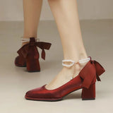 Advbridge Women's Pumps Pearlescent White Wedding Shoes String Bead Ankle Strap Dress Shoes Mid Heels Square Toe Back Bow Pump Red 9734C