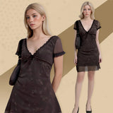Advbridge Vintage Floral Brown Dress Women's Summer 2024 Chic Sexy Elegant Fashion Ladies Casual Dress Beautiful Lace Mini Short Dresses