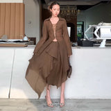 ADVBRIDGE  -  Lace Up V-Neck Shirt Ruffle Skirt Women Set Strings Lapel Sexy Waist Cinched Slimming Blouse Top Irregular Long Skirts Suit New