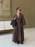 ADVBRIDGE  -  Elegant Lace Hollow Out Women's Long Dress Solid V-neck Patchwork Puff Sleeve Bodycon Dressess Female 2025 Spring New Lady Robes