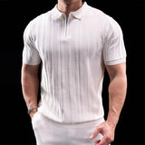 ADVBRIDGE  -  Trendy Striped Textured Men Polo Shirts Short Sleeve Zip-up Lapel Casual Polos Mens Clothes Summer Fashion Slim Knit Polo Shirt