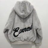 Advbridge Womens Cotton Jacket Solid Color Letters Imitation Mink Velvet Zipper Hoodie Autumn and Winter Couple Style Cotton Cardigan