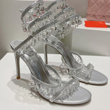 Advbridge Crystal Lights Serpentine Lace-Up High-heel Party Banquet Stiletto Sexy Snake Wedding Women Shoe Luxury Rhinestone Ankle Sandals