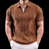 ADVBRIDGE  -  Trendy Striped Textured Men Polo Shirts Short Sleeve Zip-up Lapel Casual Polos Mens Clothes Summer Fashion Slim Knit Polo Shirt