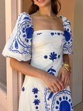 ADVBRIDGE  -  Summer Floral Print A-line Puffles Maxi Dress Women Puff Sleeve Square Collar Elegant Dress Female Holiday Party Dress Vestidos