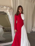 Advbridge 2024 Elegant Contrast Spliced Pleated Maxi Dress Women's Chic Mock Neck Long Sleeve Slim Robe Female New Party Evening Vestido
