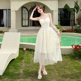 ADVBRIDGE  -  Women's Spaghetti Strap Dresses for Sweet Lace Strapless Sexy Mesh Vestidos Elegant Apricot Summer French Style Fairy Dress