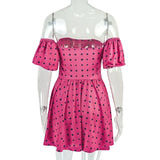 ADVBRIDGE  -  Contrasting Dot Printed Off-shoulder Strapless Sexy Ruched Puff Sleeved High Waist Mini Dress Women's Casual Party Vestidos