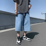 Advbridge Summer Solid Simple Jeans Shorts Male Calf Length Denim Men Elastic Waist Thin Short Jean Pants Mens Oversized Black/Blue