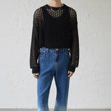Advbridge Mens Y2k Hollow Out Outfits See-Through Knit Shirts 2024 New Summer Fashion All-Match Casual Geometric Vintage Loose Smock Tops