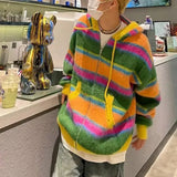 Advbridge Mens Street Y2k Colorful Striped Knitted Hooded Jacket Autumn Winter Genderless Korean Version Lazy Style Casual Sweater Unisex