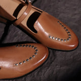 ADVBRIDGE  -  women's cow leather metal buckle slip-on flats Mary Jane loafers round toe rivet decoration casual female daily moccasins shoes
