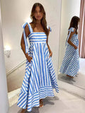 Advbridge Fashion Stripe Printing Bow Lace Up Bow Sling Dress Women Elegant Sleeveless Backless Long Dresses 2024 New Lady Beach Vestidos