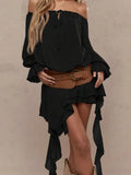 ADVBRIDGE  -  Chic Low Neck Lace Up Mini Dress Elegant Solid Flare Sleeve Pleated Off Shoulder Gown New Women Highstreet Holiday Dresses 2025