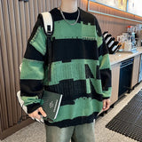 Advbridge Y2k Striped Patchwork Crewneck Pullover Sweaters Men Loose Knitted Pullovers Streetwear Mens Oversized Korean Fashion Sweater