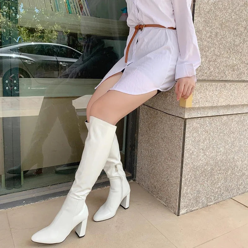 Advbridge New Knee-High Boots Women Pointed Toe Side Zipper Knight Boots For Women Thick High Heels Women Winter Boots Women Botines Mujer