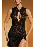 Advbridge Sexy Hollow Out High Slit Lace Women Maxi Dress Black See Through Evening Dress Female Autumn New Elegant Party Clubwear