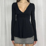 ADVBRIDGE  -  Simple Solid Americna Ruffle V Neck Buttons Design Shirst Y2k A-line Sexy Low V Neck Long Sleeve Women Tops Harajuku Casual Tees