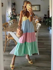 Advbridge Multicolor Patchwork V Neck Sundress Smocked Strap Sleeveless A-line Female Midi Casual Summer Women Vestidos 2024
