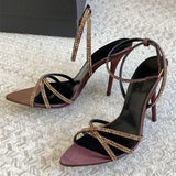 ADVBRIDGE  -  Sexy Pointed Toe High Heels Women Luxury Rhinestone Satin Design Cross-Strap Heeled Sandals Summer Elegant Banquet Dress Shoes