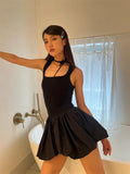 Advbridge  -  Women's U-neck Spliced Elastic Knitted Spaghetti Strap Dress Summer Female Sleeveless Off Shoulder Pleated Black Short Dress