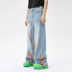 Advbridge American Style Personality Graffiti Men's Denim Pants Casual Big Pockets Jeans Loose Straight Wide Leg Men Trousers 2024